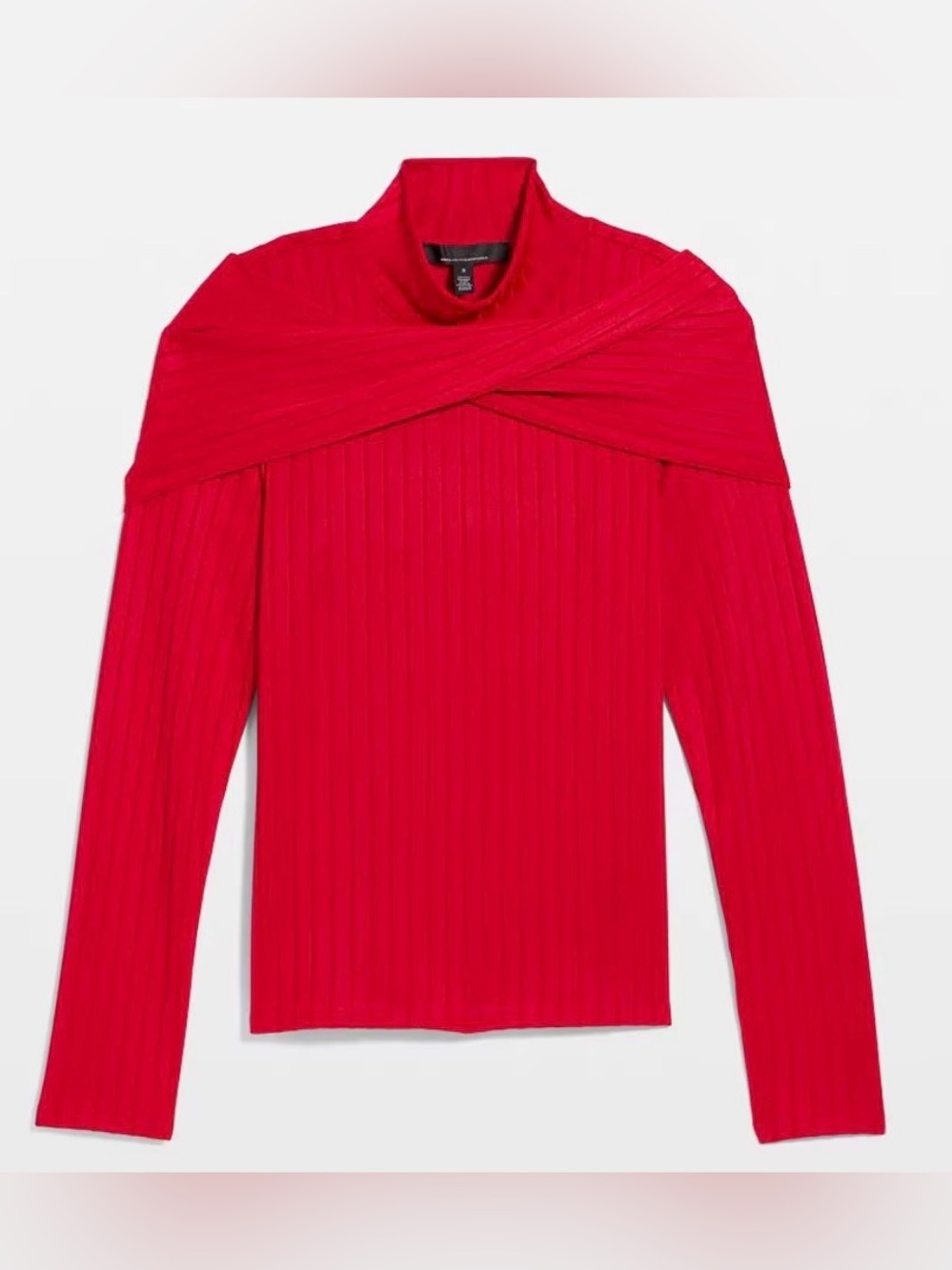 White House Black Market Red Ribbed Long-Sleeve Sweater with Draped Shoulder